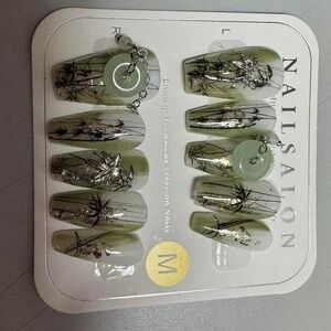 Luxury Press On Nails Medium Bamboo Green Jade‎ Charm Nail Art
